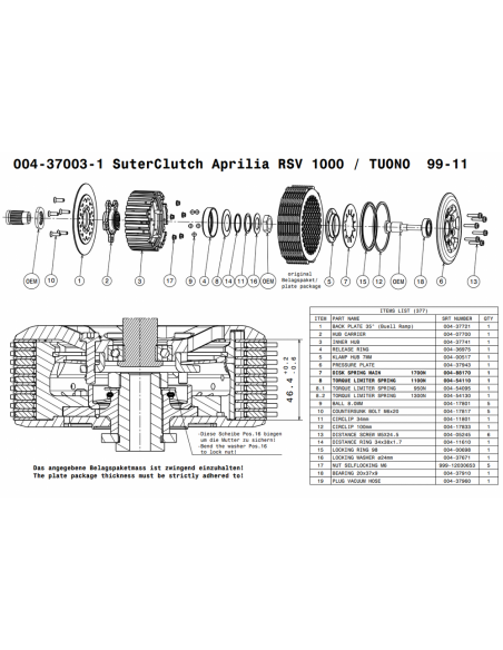 Embrague antirebote Suter Aprilia RSV 1000/TUONO 1000 1999-2011