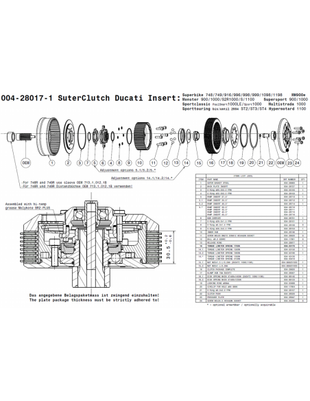 Embrague antirebote Suter Ducati Superbike 74//749/916/996/998/999/1098/1198 MH900e, Monster 900/1000/S2R100/S/1100, SuperSport 