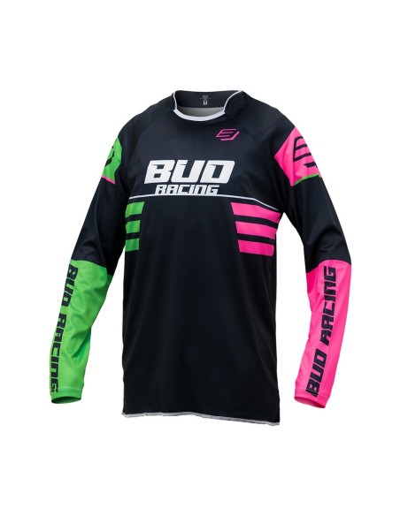 Camiseta/Maillot Infantil Bud Racing Lazer Rosa Fluor/Verde Fluor/Negro Logo "B" 2023