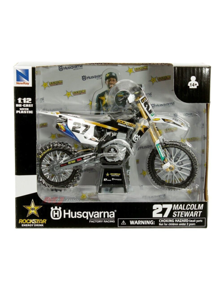 Moto miniatura NewRay Husqvarna FC 450 Rockstar Factory Racing 2023 #27 Malcon Stewart (escala 1:12)