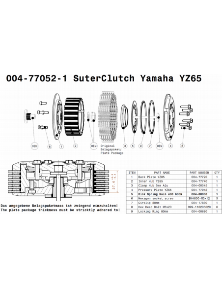Embrague MX Line Suter Yamaha YZ 65 2018-
